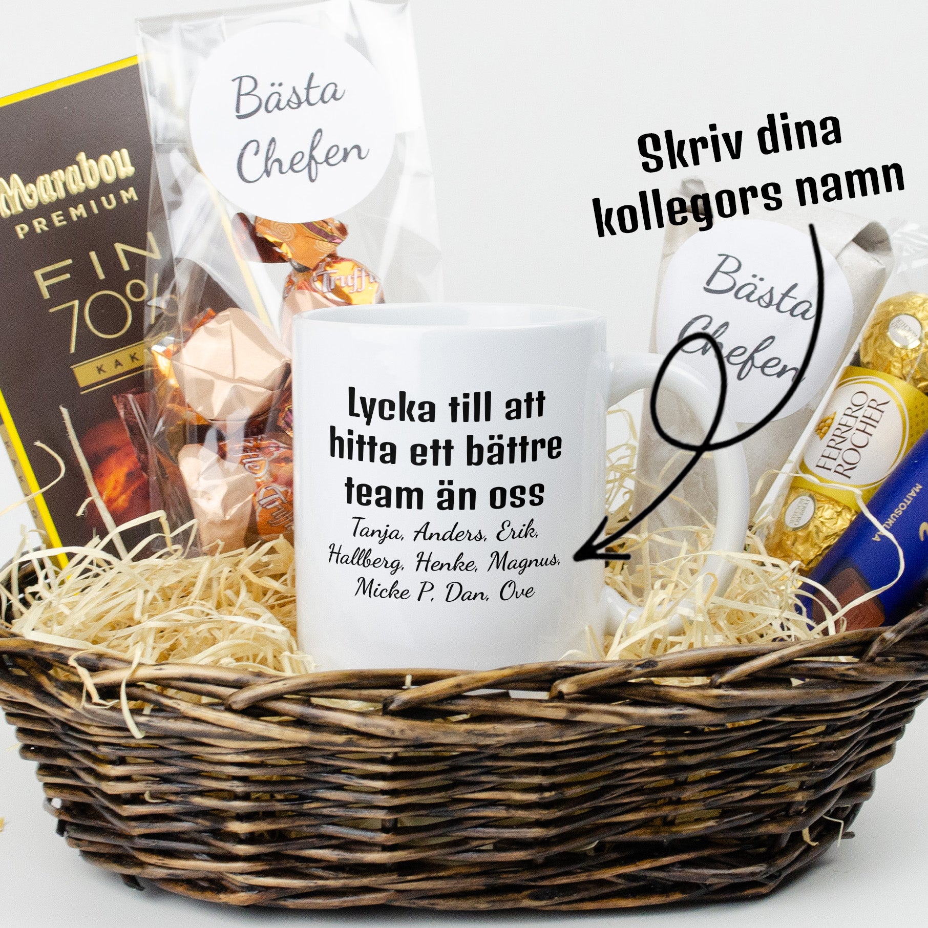 Present till chefen | Lycka till med att hitta ett bättre team än oss | Presentkorg med egen text
