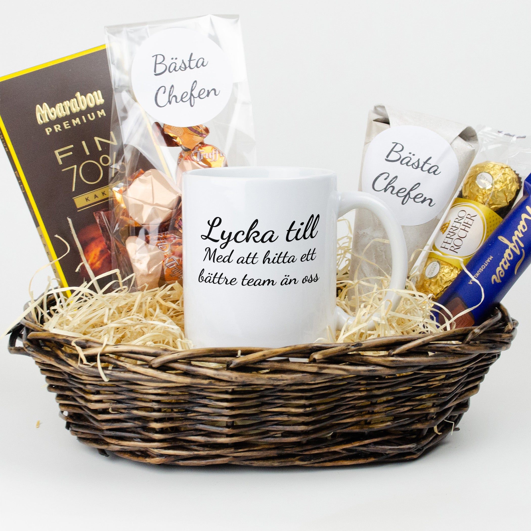 Present till chefen | Lycka till med att hitta ett bättre team än oss | Presentkorg