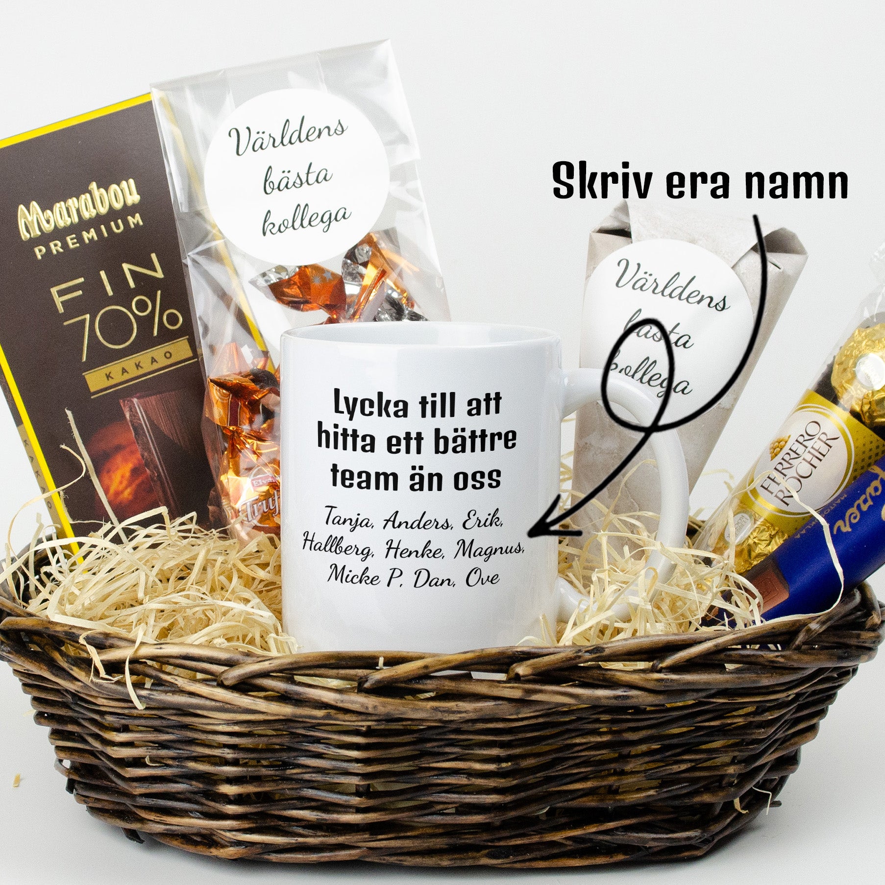 Present till kollega | Lycka till att hitta ett bättre team än oss | Presentkorg med egen text