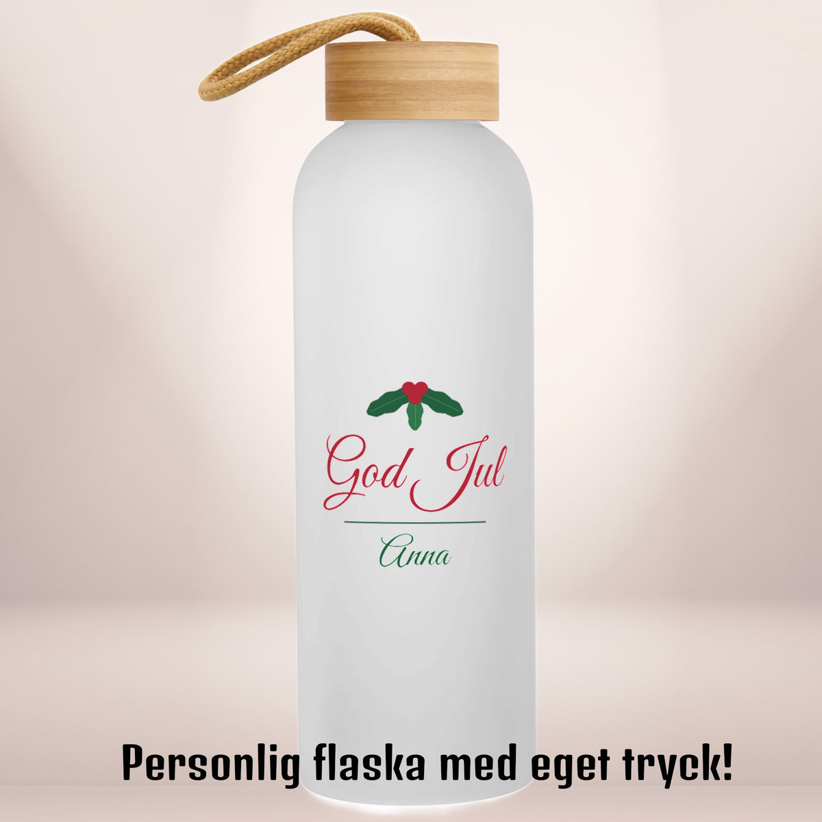 God Jul med järnek | Personlig vattenflaska med eget tryck | Glasflaska | 750 ml