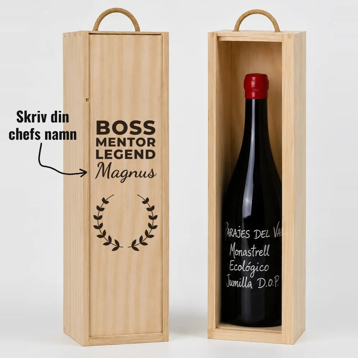 Present till chefen | Vinlåda i trä | Boss, mentor, legend | Med eget namn