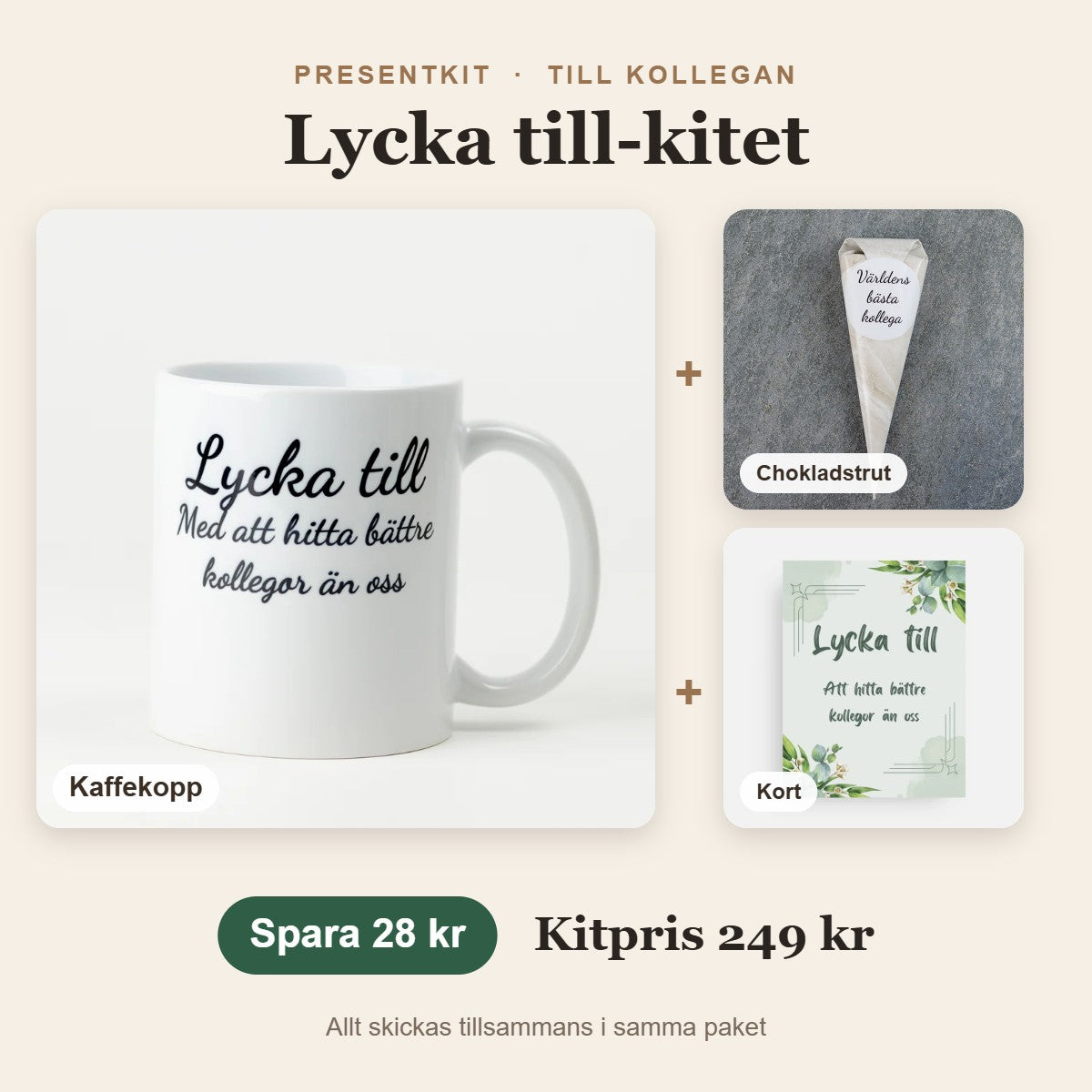 Presentkit till kollega – Lycka till-kitet med kaffekopp, chokladstrut och kort