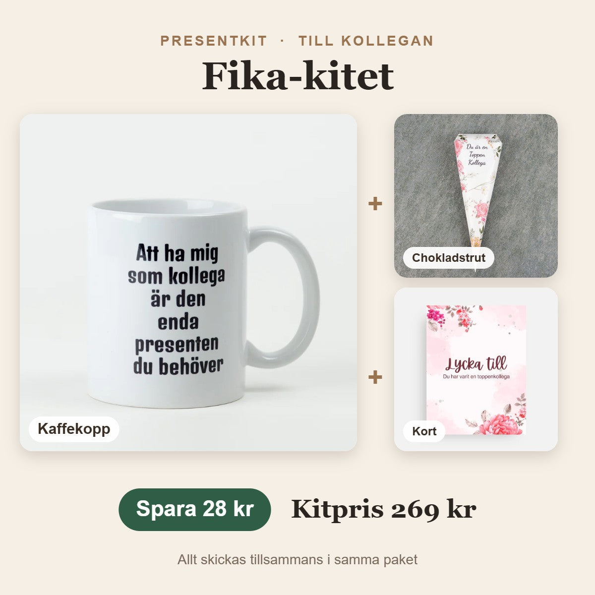 Presentkit till kollegan – Fika-kitet med kaffekopp, chokladstrut, kort