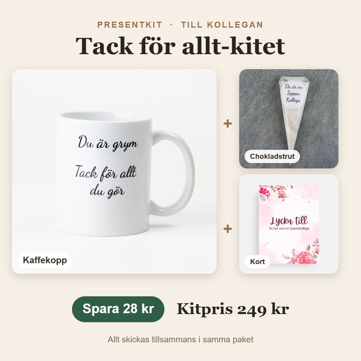 Presentkit till kollegan – Tack för allt-kitet med kaffekopp, chokladstrut, kort