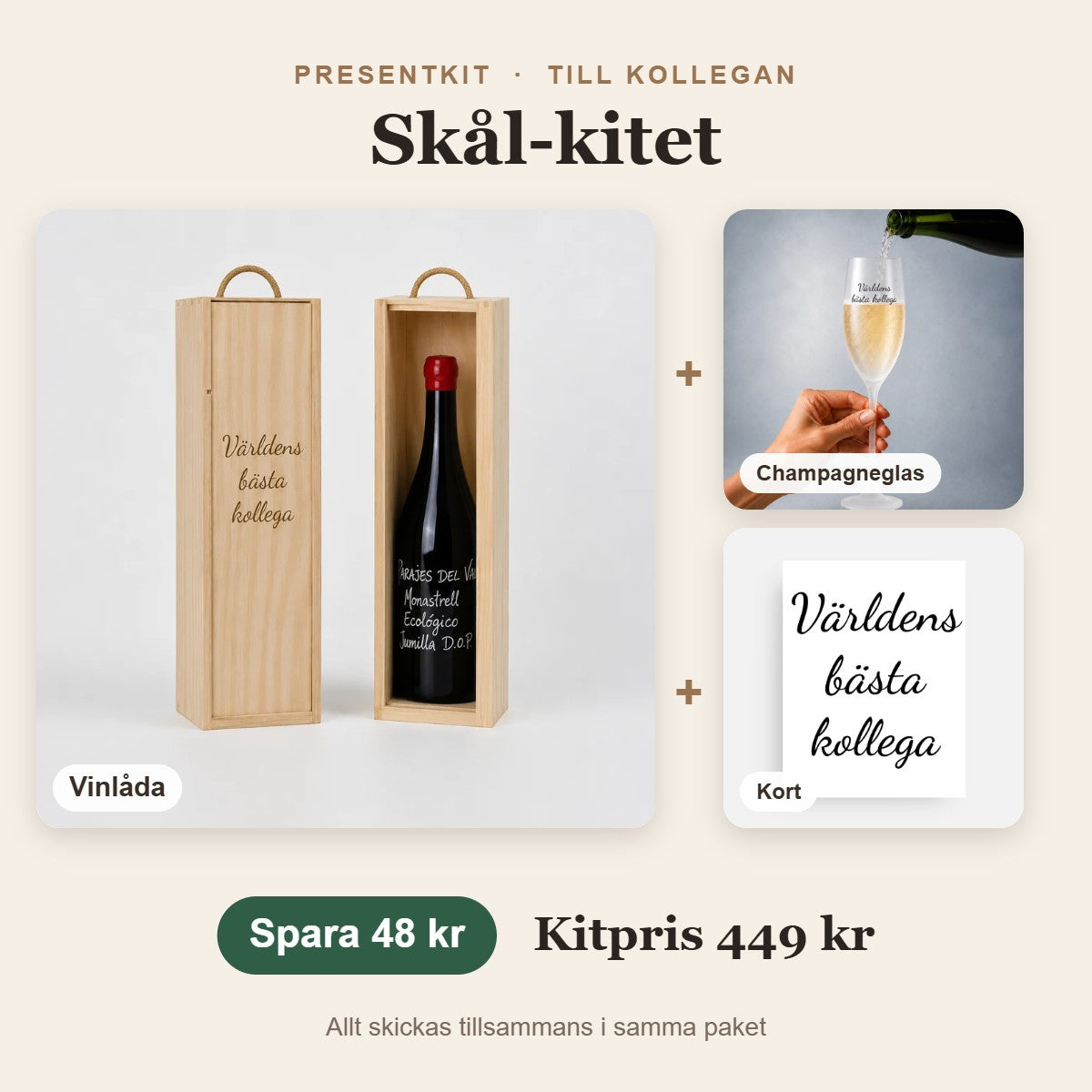 Presentkit till kollegan – Skål-kitet med vinlåda, champagneglas, kort
