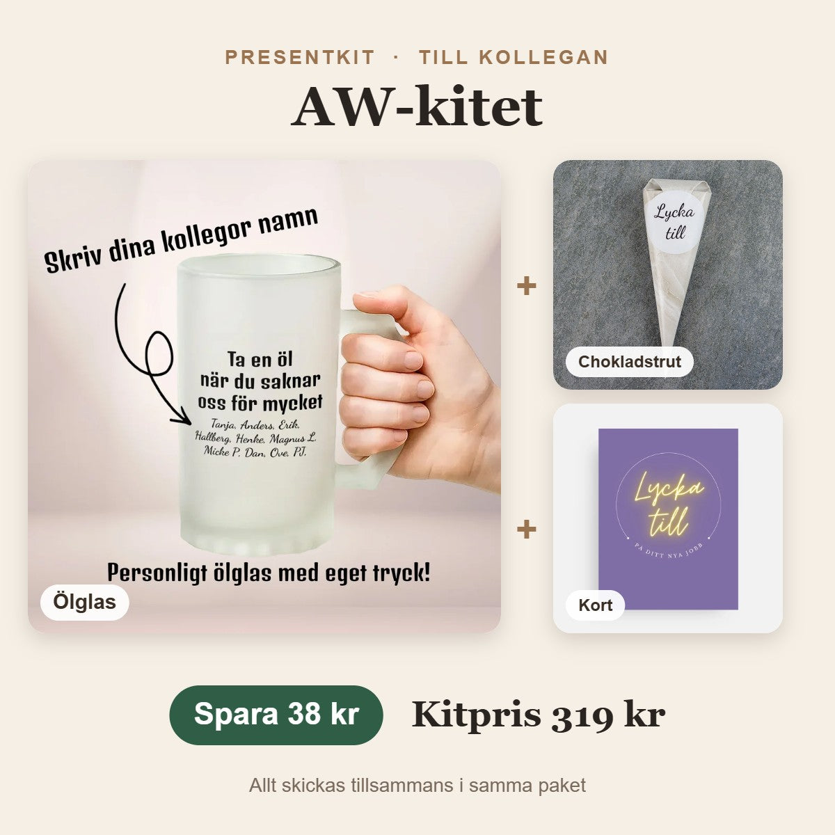 Presentkit till kollegan – AW-kitet med ölglas, chokladstrut, kort