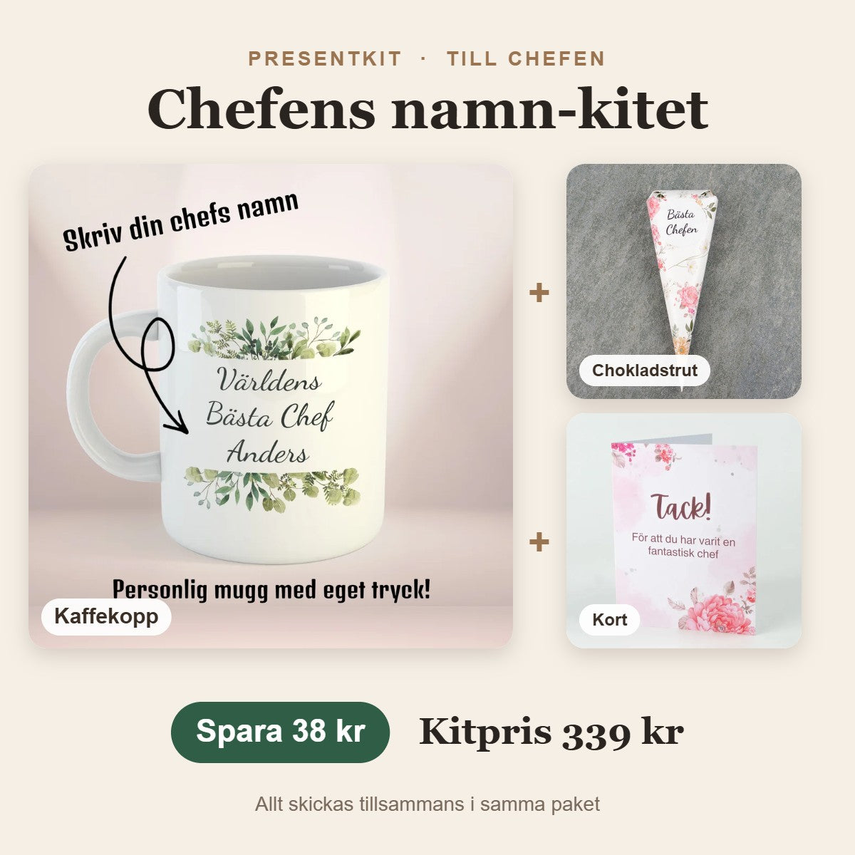 Presentkit till chefen – Chefens namn-kitet med kaffekopp, chokladstrut, kort