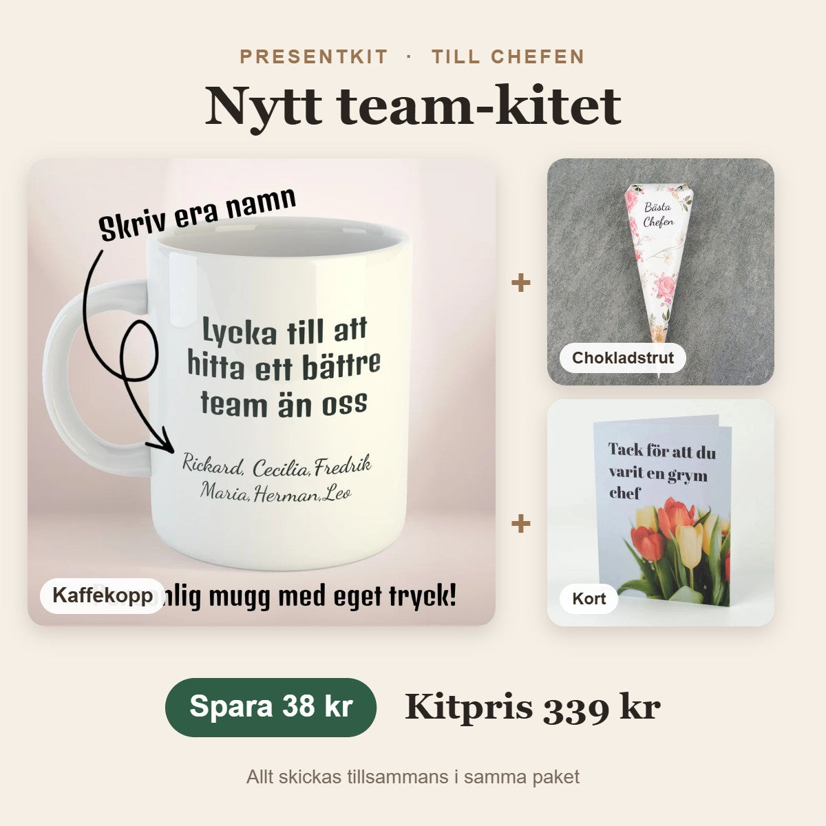Presentkit till chefen – Nytt team-kitet med kaffekopp, chokladstrut, kort