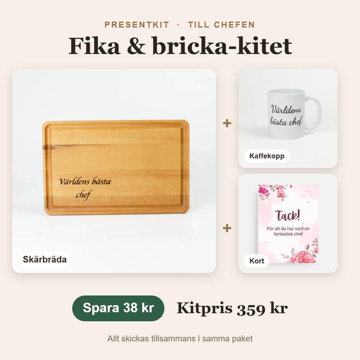 Presentkit till chefen – Fika & bricka-kitet med skärbräda, kaffekopp, kort