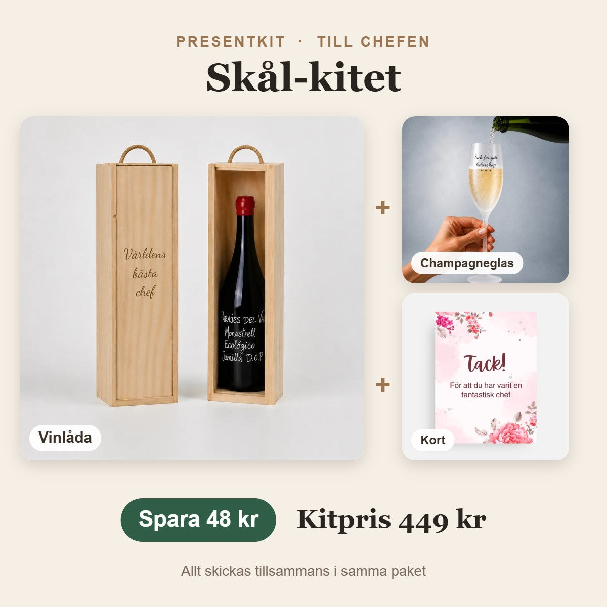 Presentkit till chefen – Skål-kitet med vinlåda, champagneglas, kort