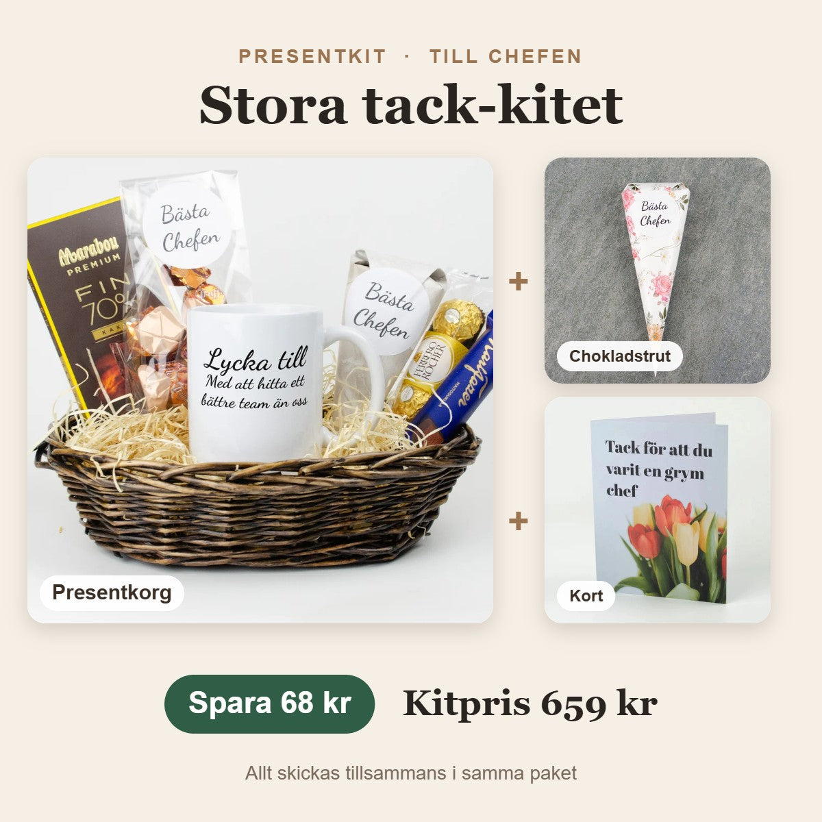 Presentkit till chefen – Stora tack-kitet med presentkorg, chokladstrut, kort
