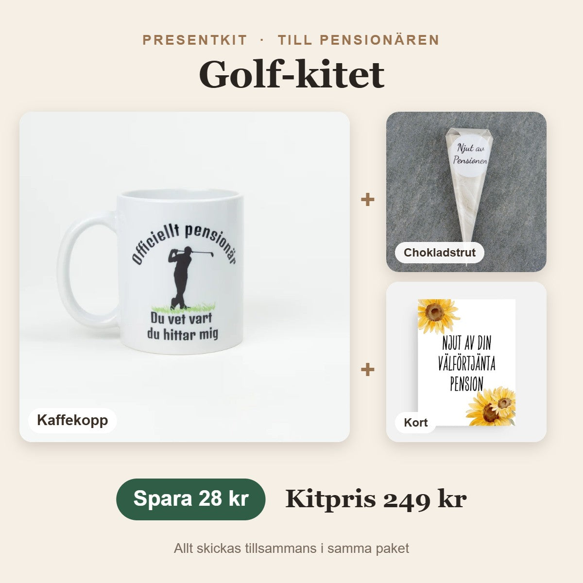 Presentkit till pensionären – Golf-kitet med kaffekopp, chokladstrut, kort