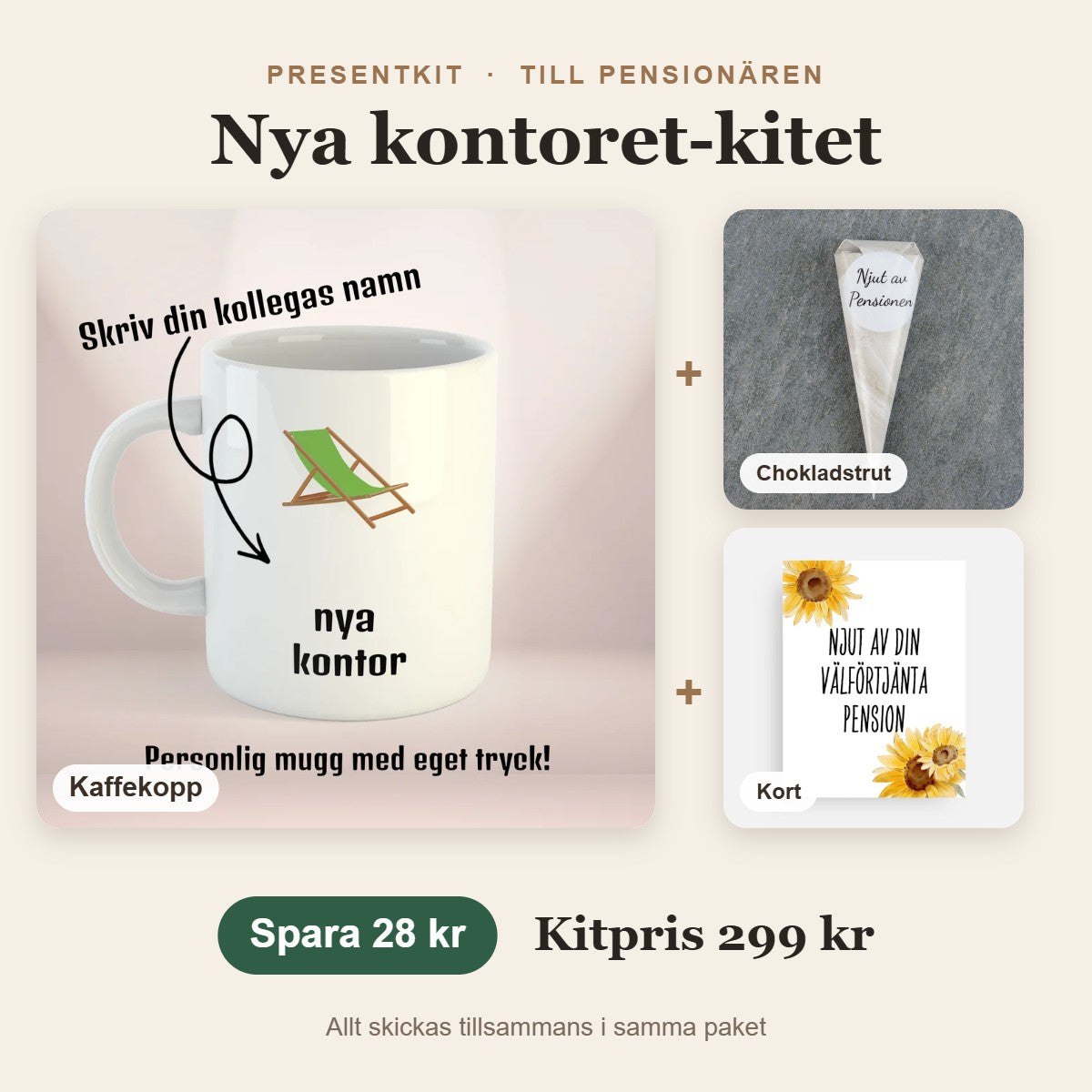 Presentkit till pensionären – Nya kontoret-kitet med kaffekopp, chokladstrut, kort
