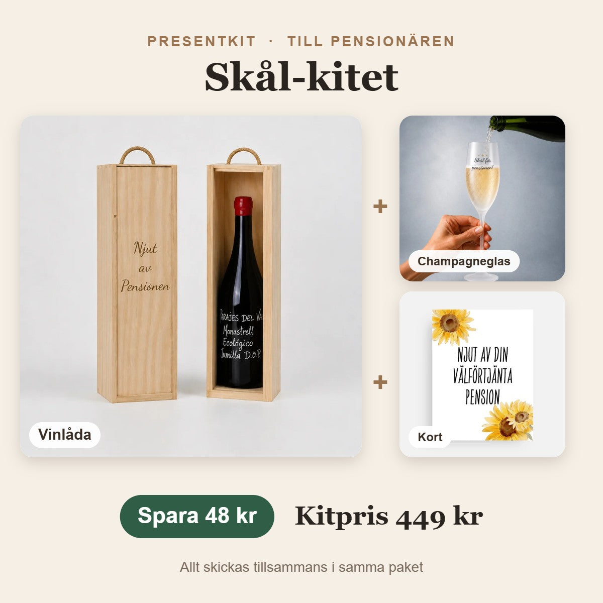 Presentkit till pensionären – Skål-kitet med vinlåda, champagneglas, kort