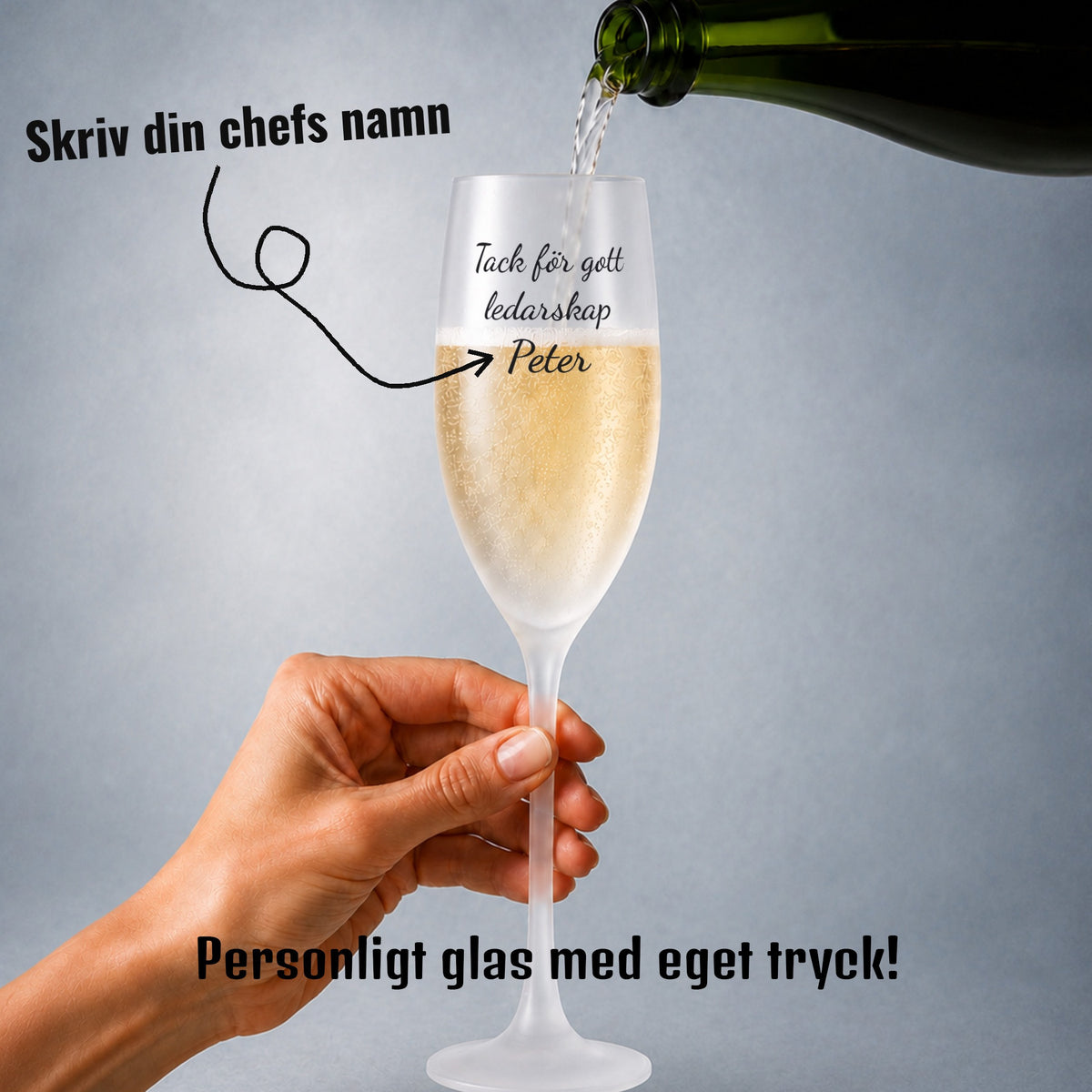 Champagneglas till chef | Tack för gott ledarskap | Eget tryck