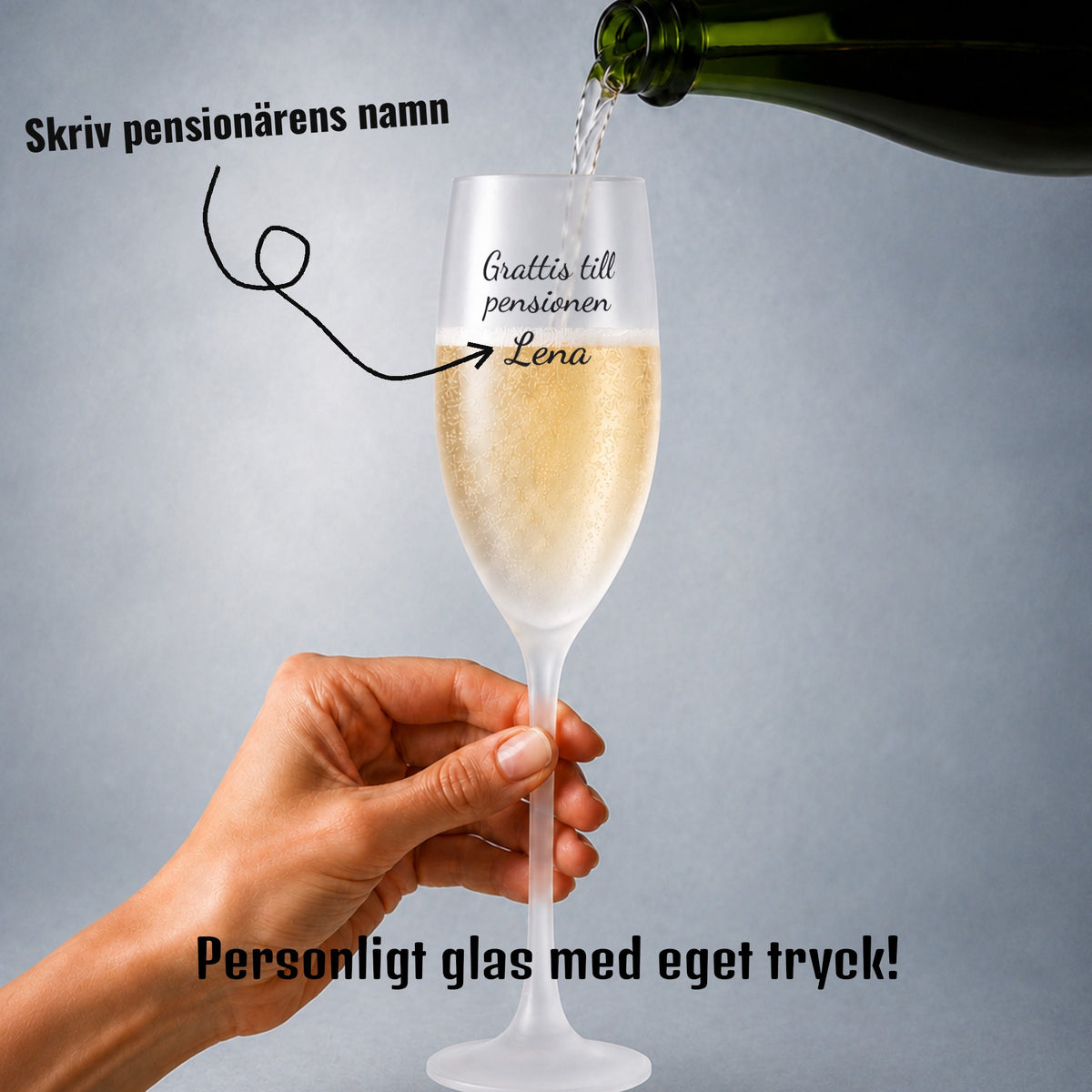 Champagneglas till pensionär | Grattis till pensionen | Eget tryck