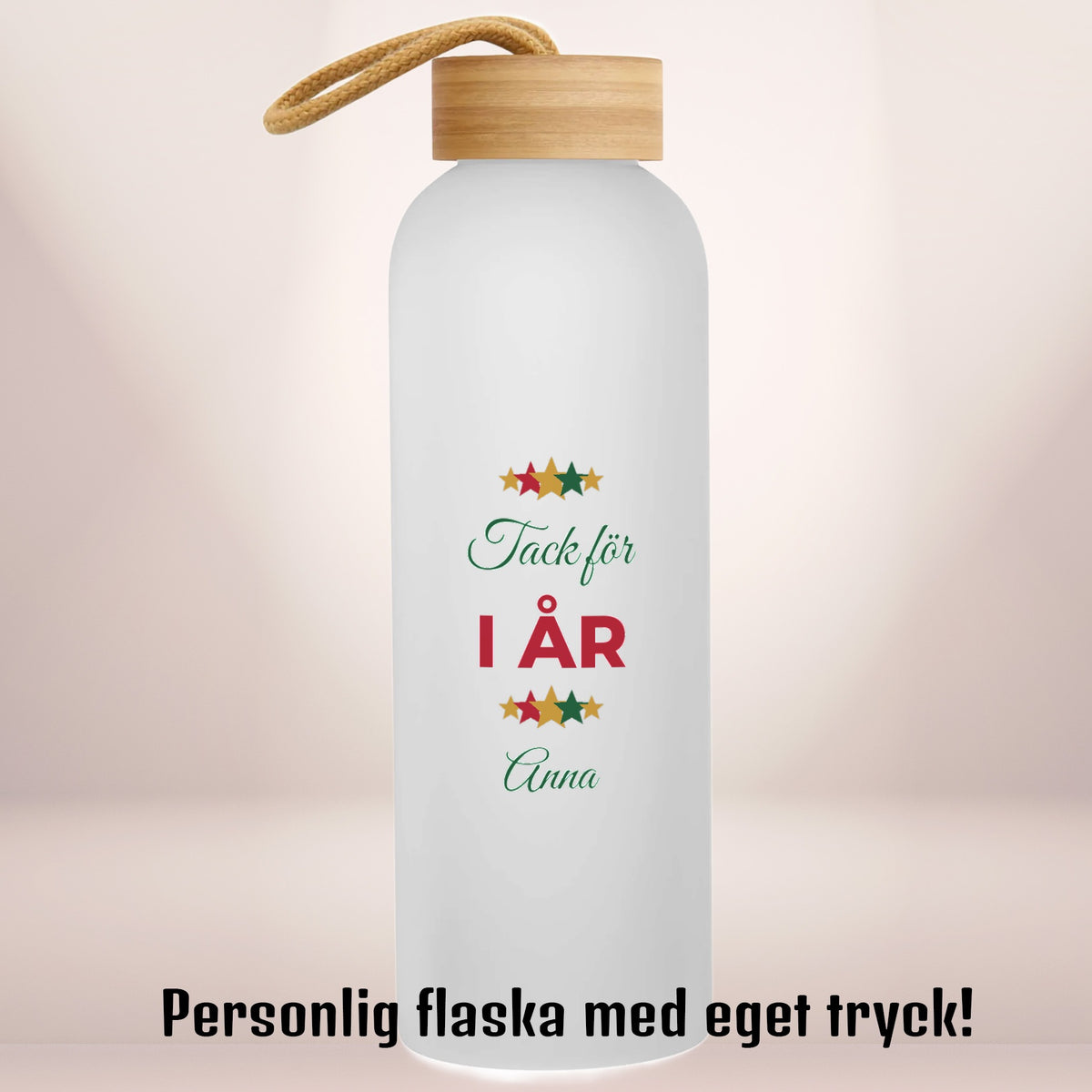 Tack för i år med stjärnor | Personlig vattenflaska med eget tryck | Glasflaska | 750 ml