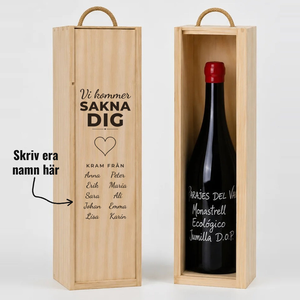 Present till kollega | Vinlåda i trä | Vi kommer sakna dig | Eget tryck med namn