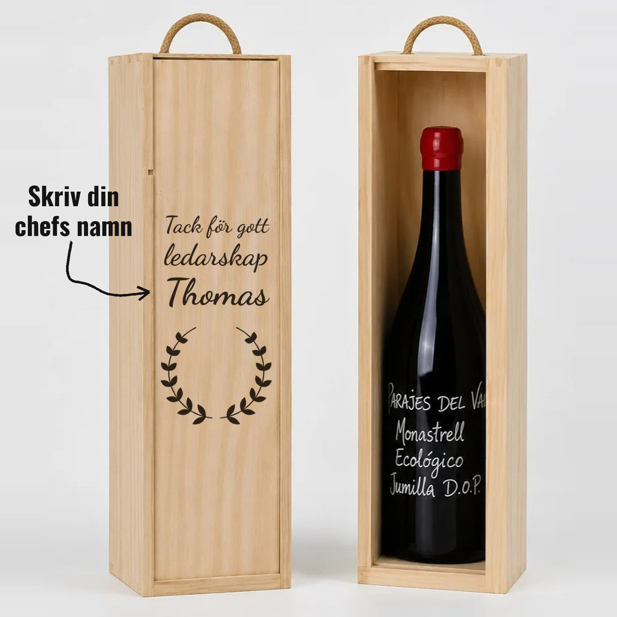 Present till chefen | Vinlåda i trä | Tack för gott ledarskap | Med eget namn