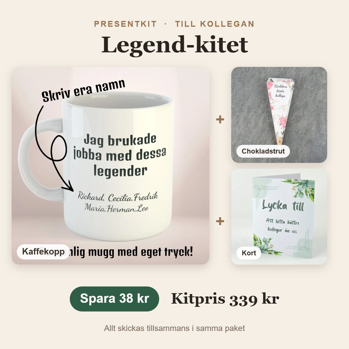 Presentkit till kollegan – Legend-kitet med kaffekopp, chokladstrut, kort