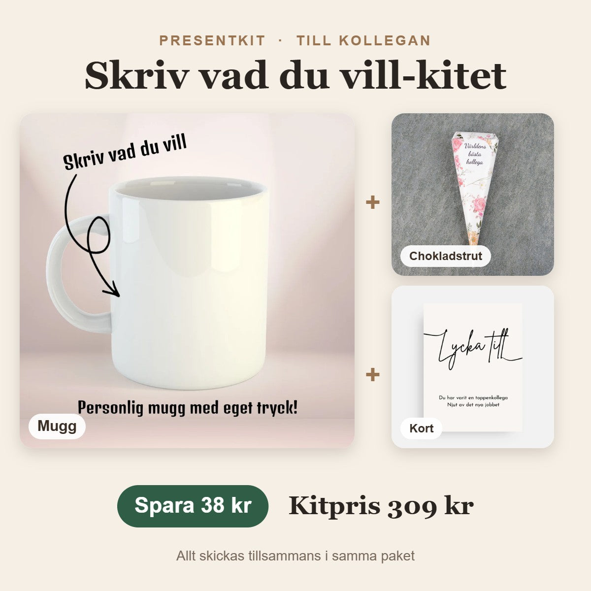 Presentkit till kollegan – Skriv vad du vill-kitet med mugg, chokladstrut, kort