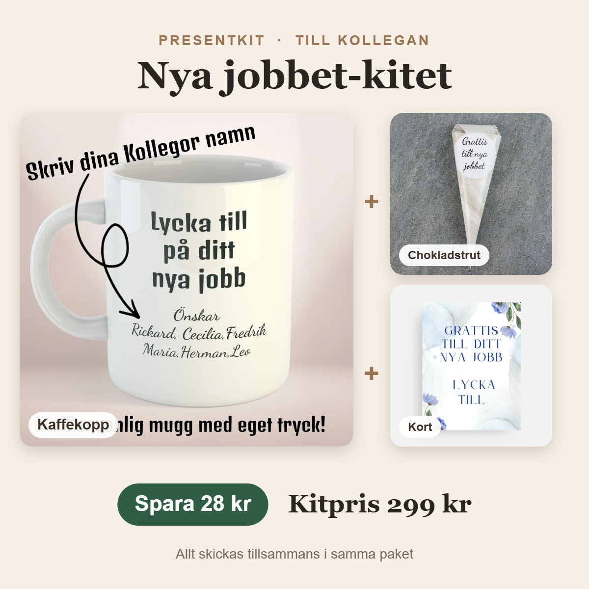 Presentkit till kollegan – Nya jobbet-kitet med kaffekopp, chokladstrut, kort