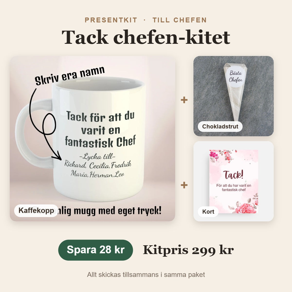 Presentkit till chefen – Tack chefen-kitet med kaffekopp, chokladstrut, kort