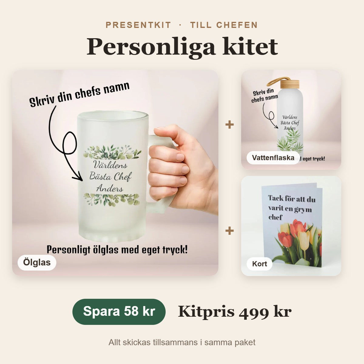 Presentkit till chefen – Personliga kitet med ölglas, vattenflaska, kort