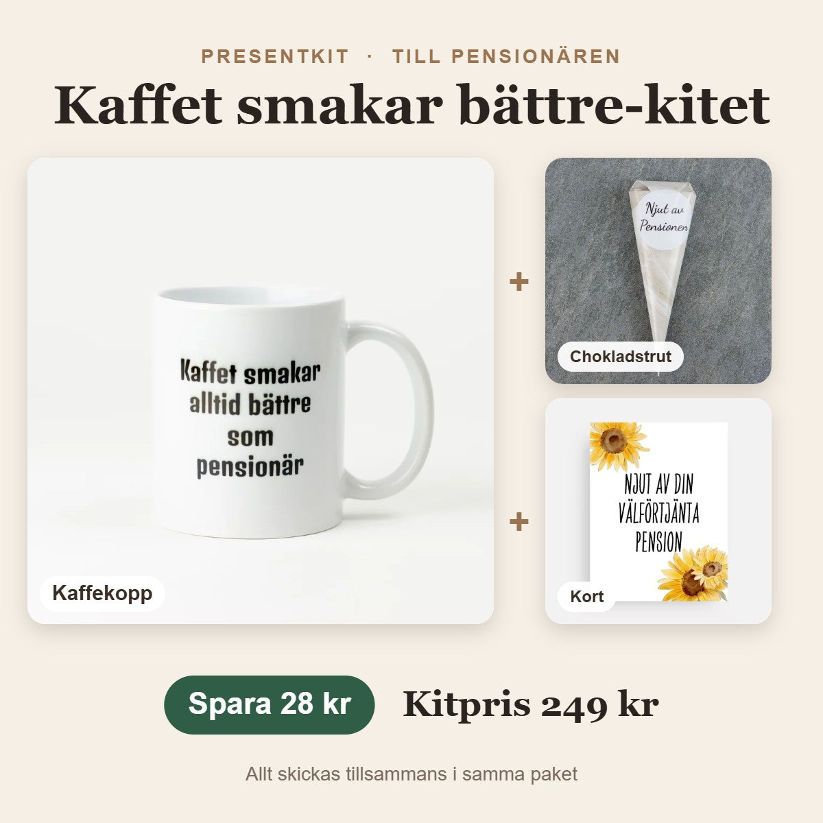 Presentkit till pensionären – Kaffet smakar bättre-kitet med kaffekopp, chokladstrut, kort