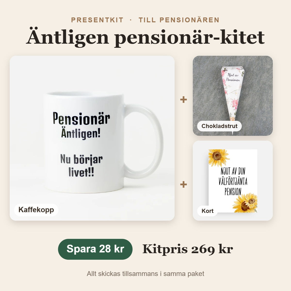 Presentkit till pensionären – Äntligen pensionär-kitet med kaffekopp, chokladstrut, kort