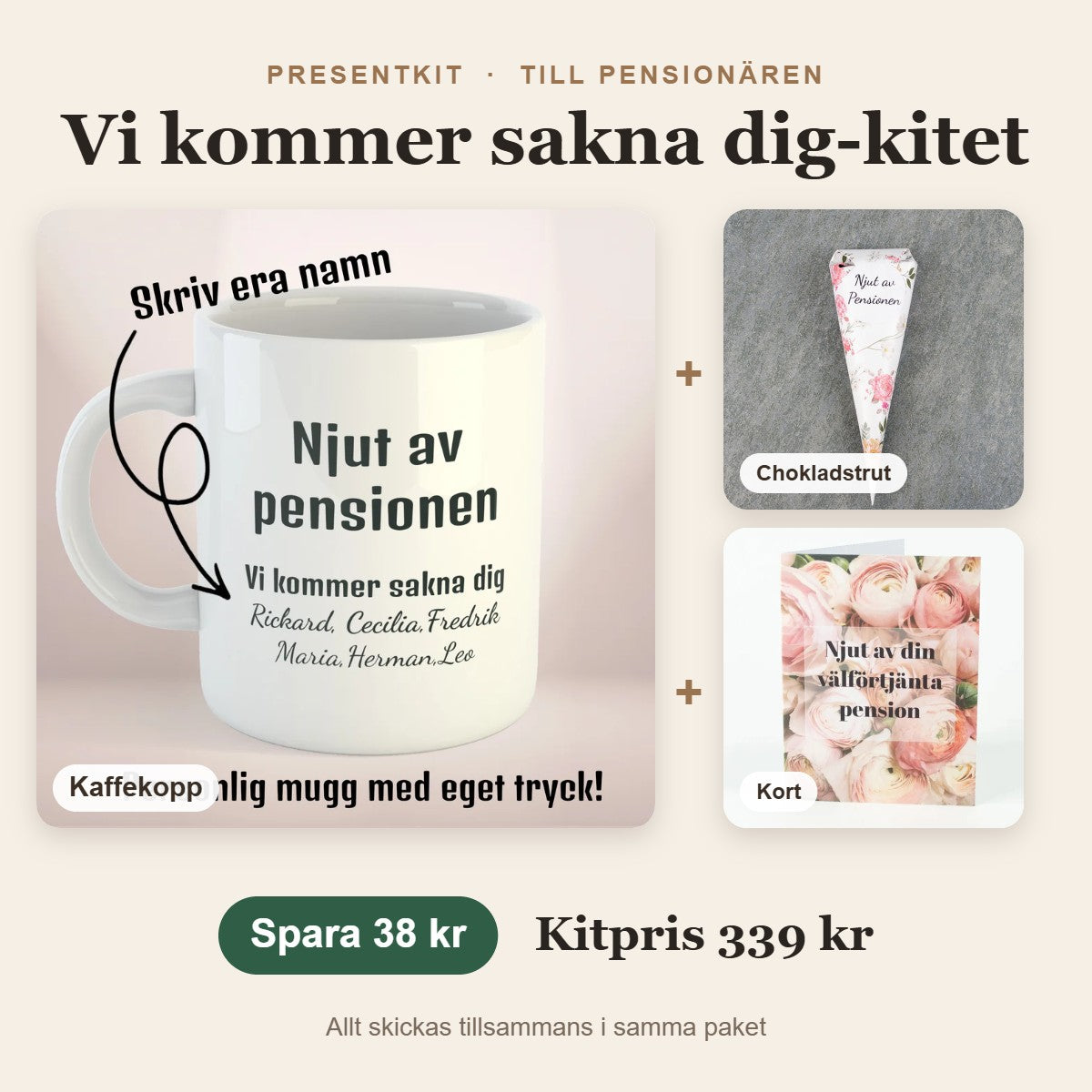 Presentkit till pensionären – Vi kommer sakna dig-kitet med kaffekopp, chokladstrut, kort