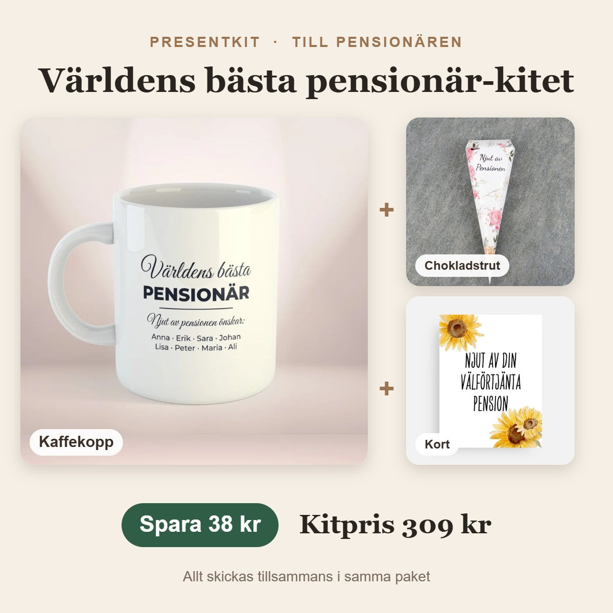 Presentkit till pensionären – Världens bästa pensionär-kitet med kaffekopp, chokladstrut, kort