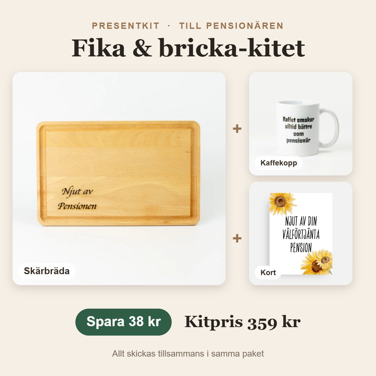 Presentkit till pensionären – Fika & bricka-kitet med skärbräda, kaffekopp, kort