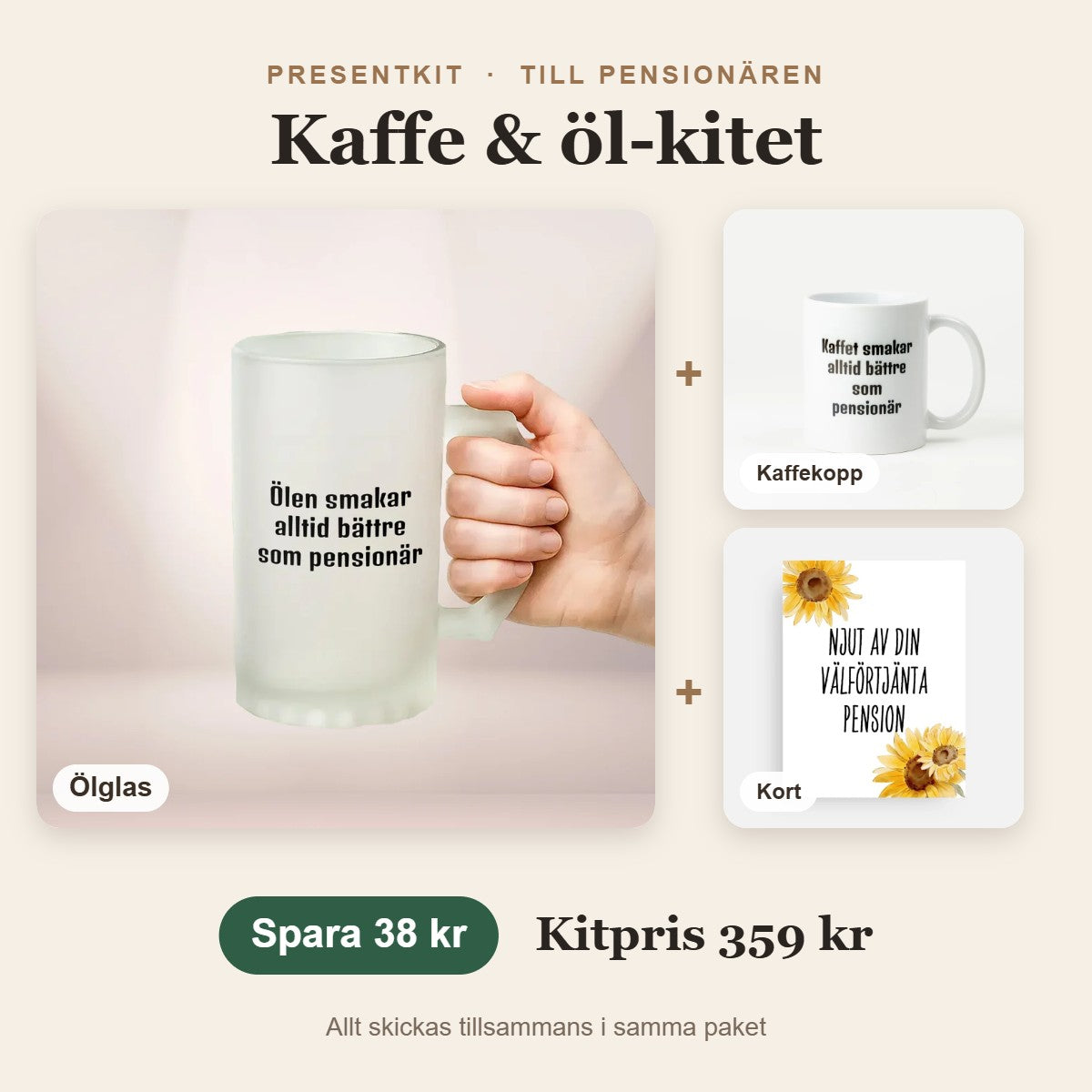 Presentkit till pensionären – Kaffe & öl-kitet med ölglas, kaffekopp, kort