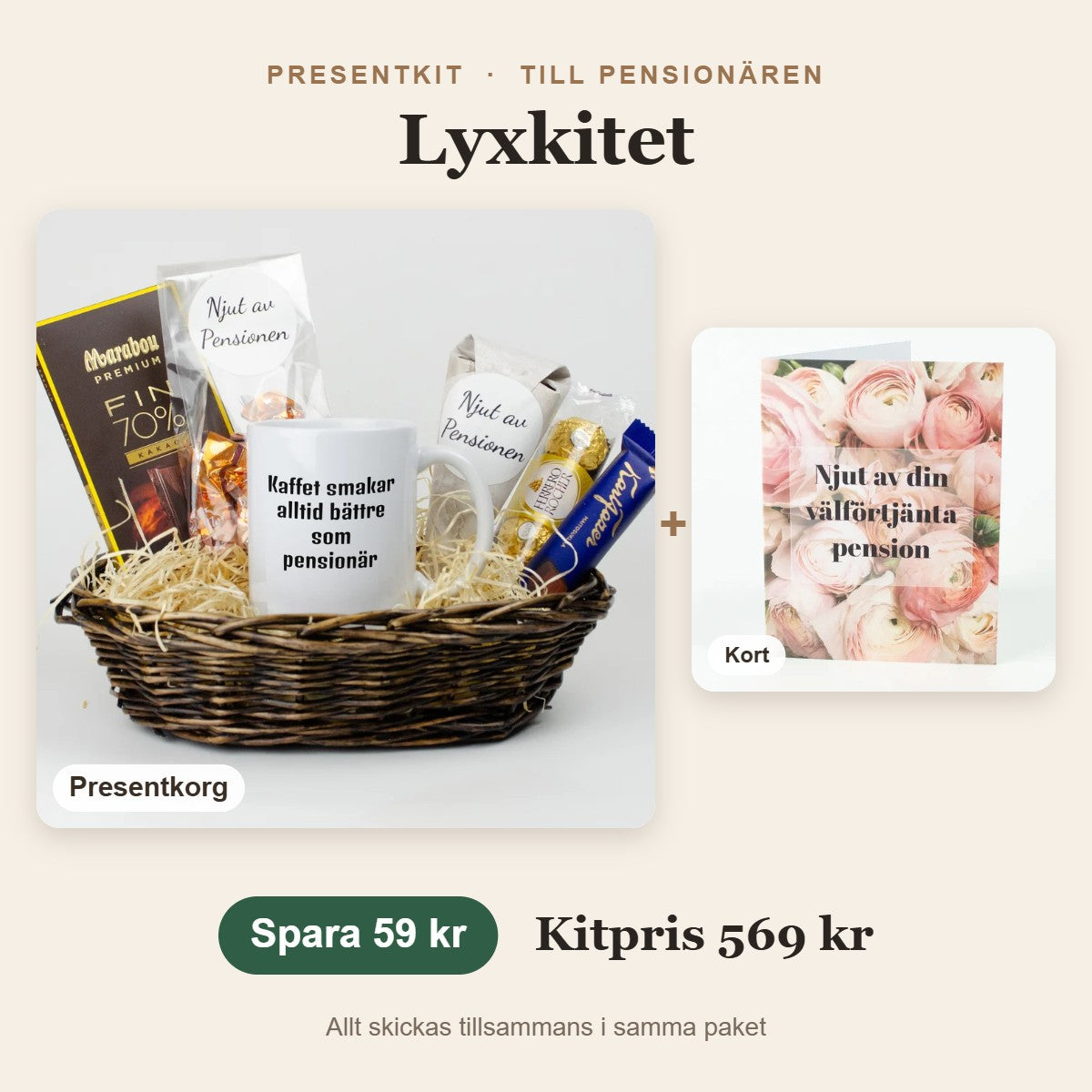 Presentkit till pensionären – Lyxkitet med presentkorg, kort